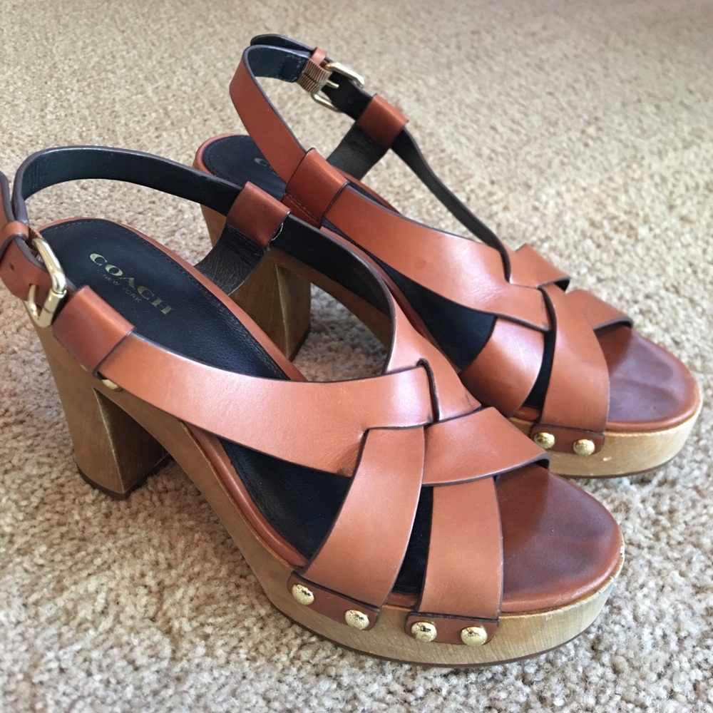Coach Cognac Leather Platform Sandals with Studded Wood Heel